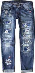 Plaid Patch Ripped Boyfriend Distressed Stretch Skinny Denim Jeans