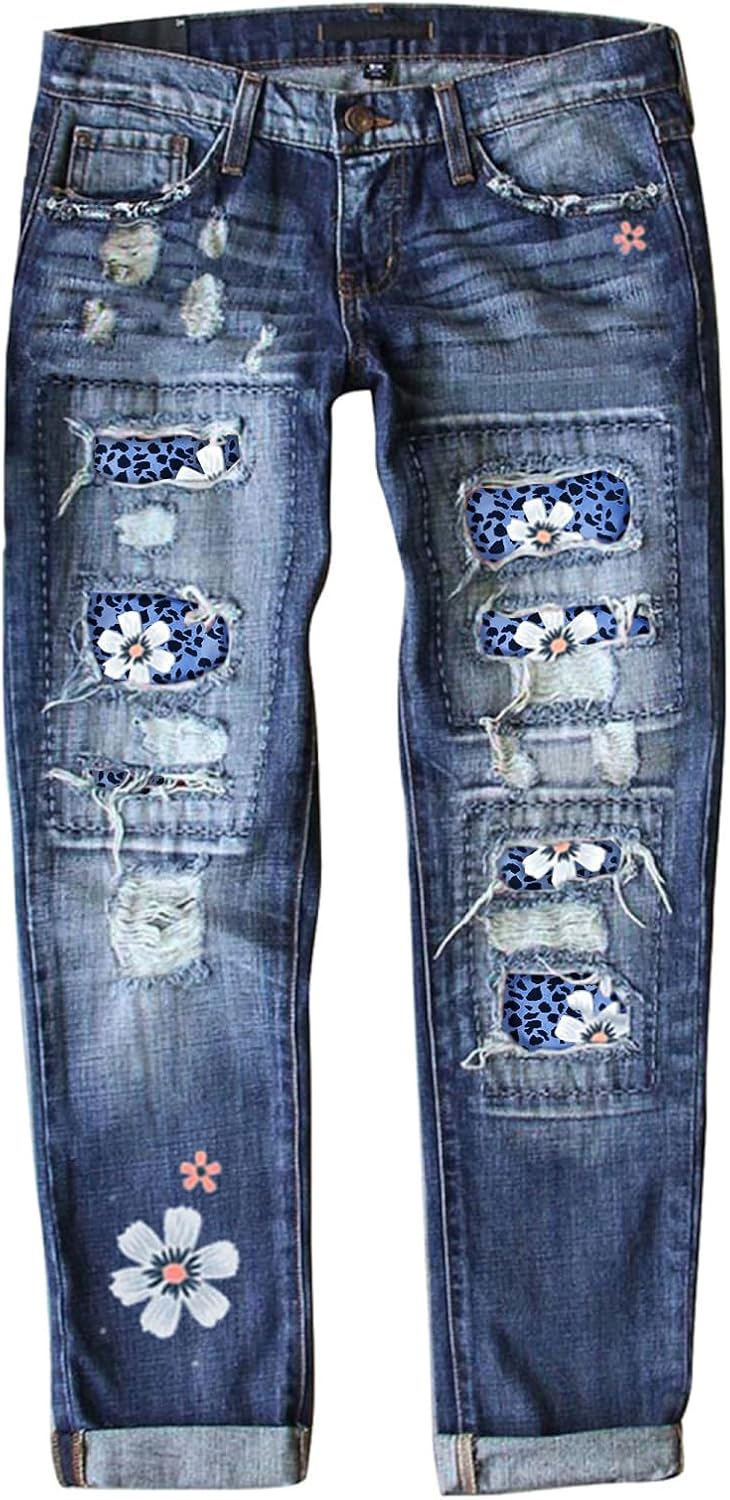 Astylish Womens Plaid Patch Ripped Boyfriend Distressed Jeans