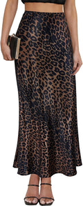Women's Satin Maxi Skirt High Waisted Elastic Waistband Leopard Print
