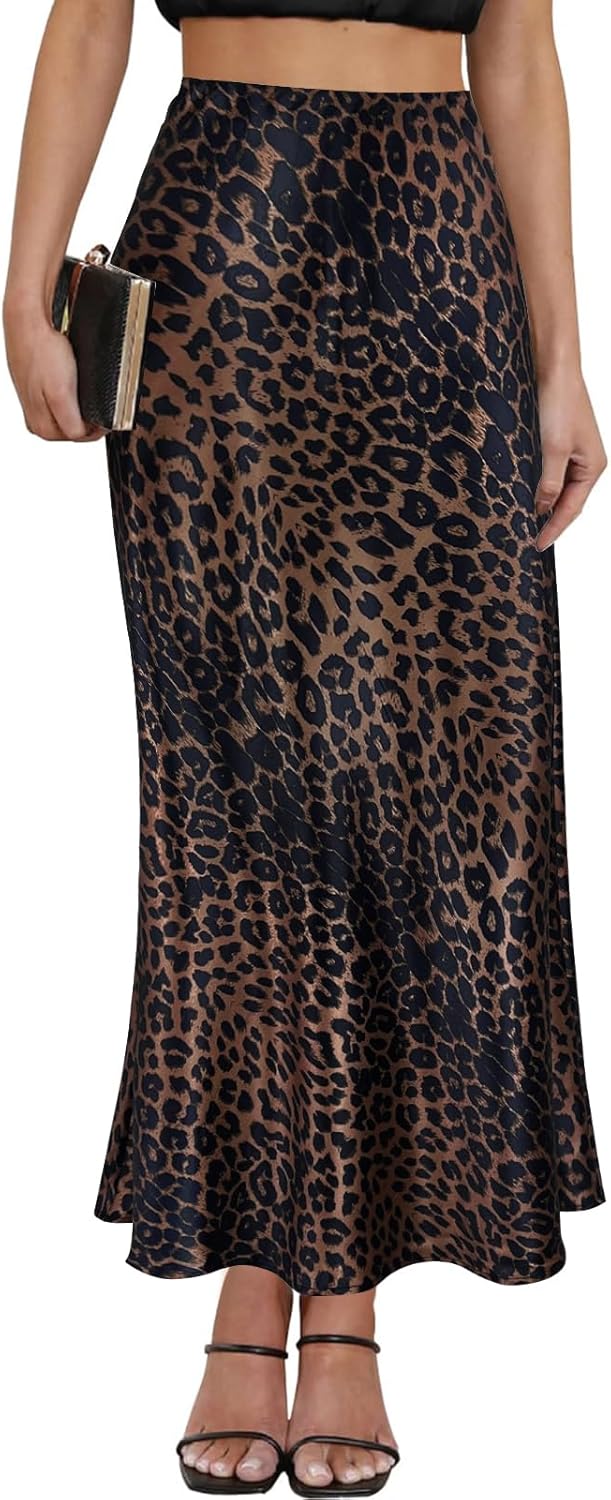 Women's Satin Maxi Skirt with High Waist and Leopard Print