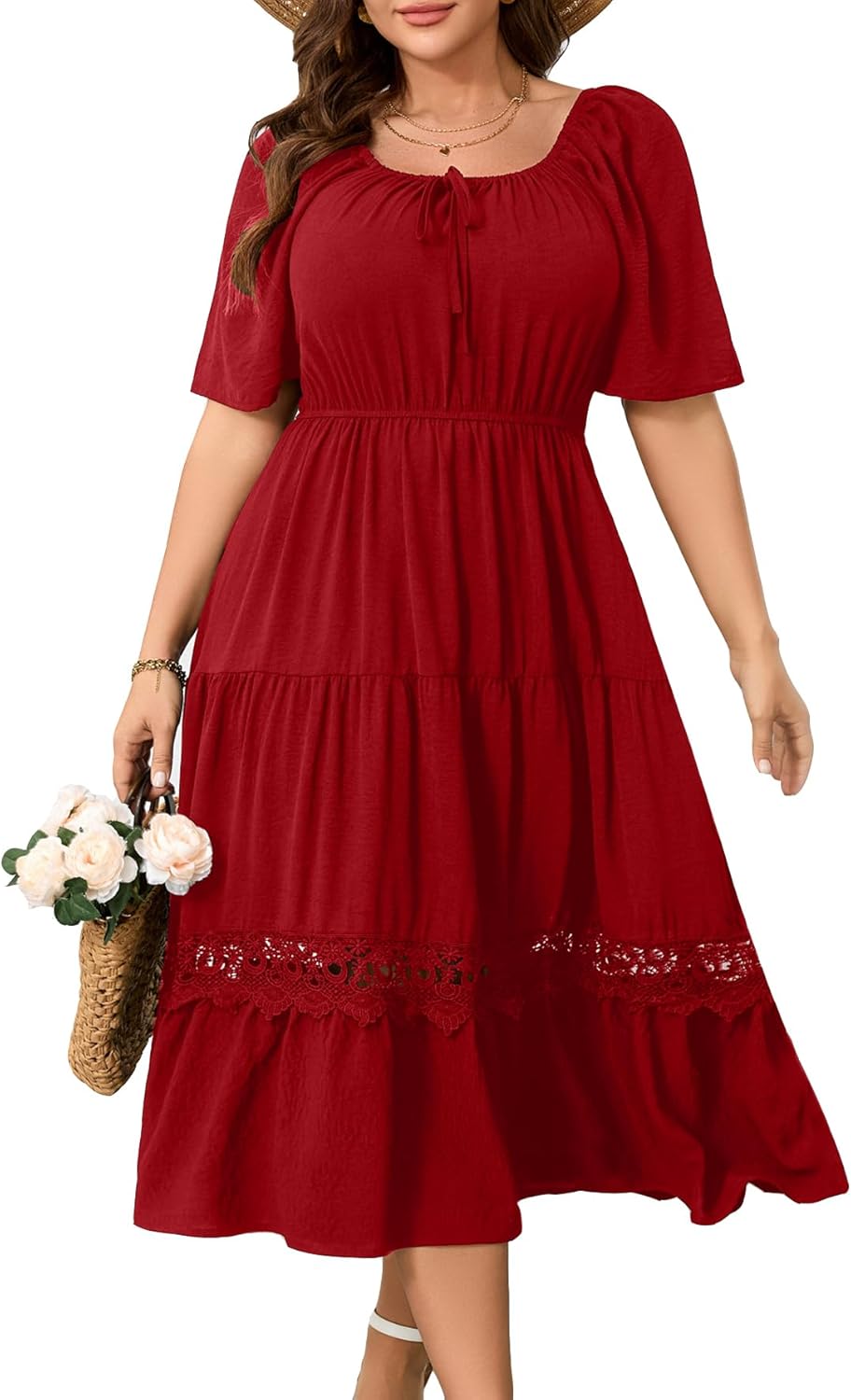 Plus Size Maxi Dress for Women with Square Neck and Lace Trim