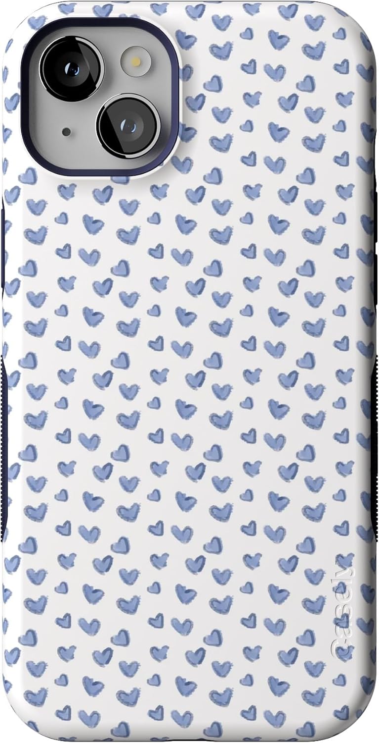 Bold Protective iPhone 14 Plus Case with Blue Hearts Design