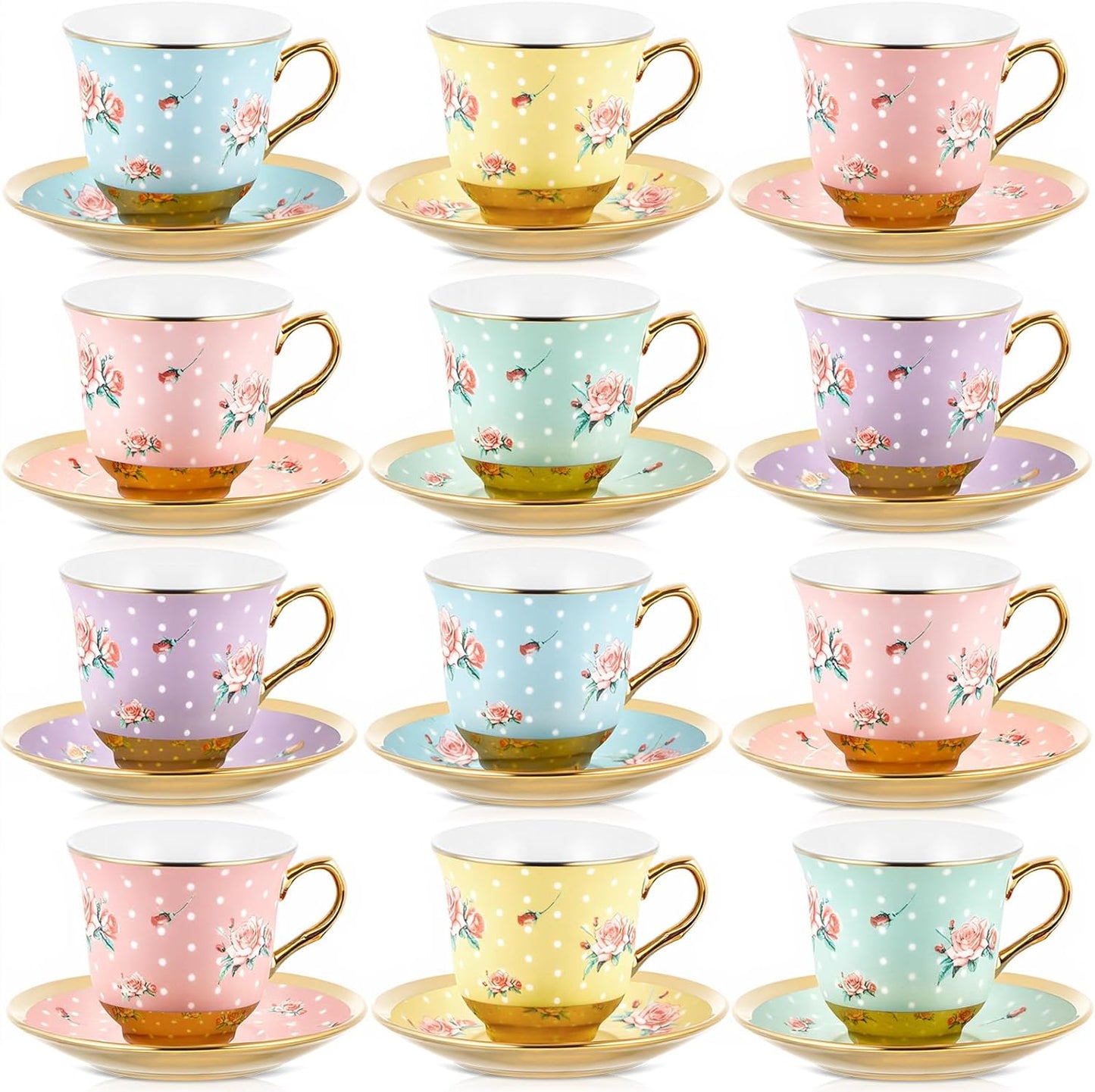 Set of 12 Floral Tea Cups and Saucers for Elegant Gatherings