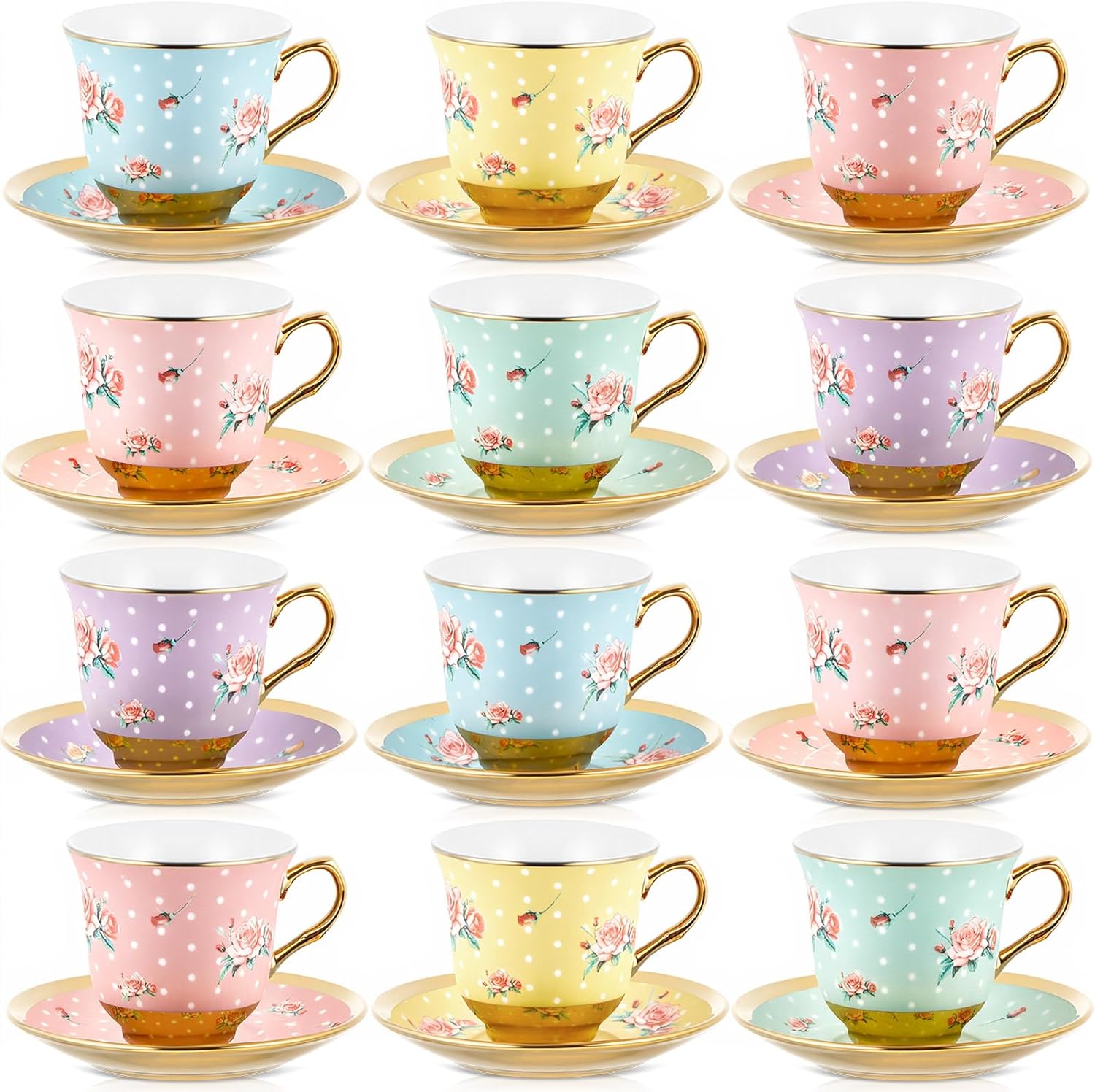 Set of 12 Floral Tea Cups and Saucers for Elegant Gatherings