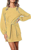 PRETTYGARDEN Long Lantern Sleeve Tie Waist Knit Short Dress - Elegant