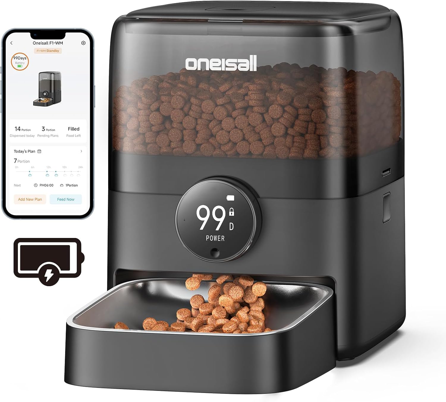 oneisall Cordless WiFi Automatic Cat Feeder for Smart Feeding