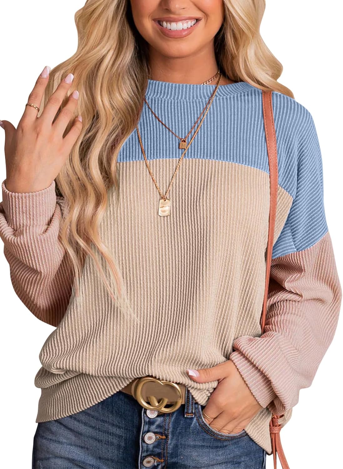 Dokotoo Womens Color Block Long Sleeve Casual Pullover Tops