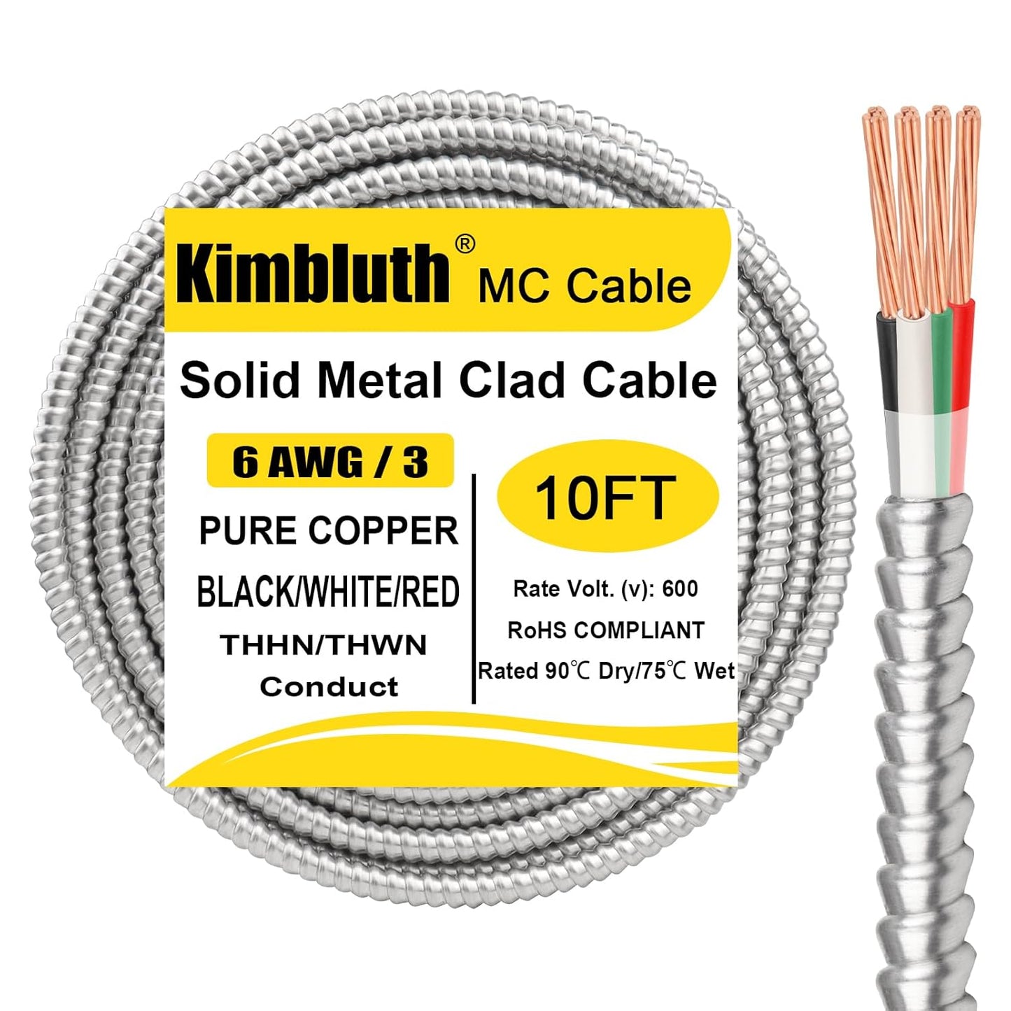 6/3 Metal Clad Cable with Ground 10ft for Indoor Outdoor Use