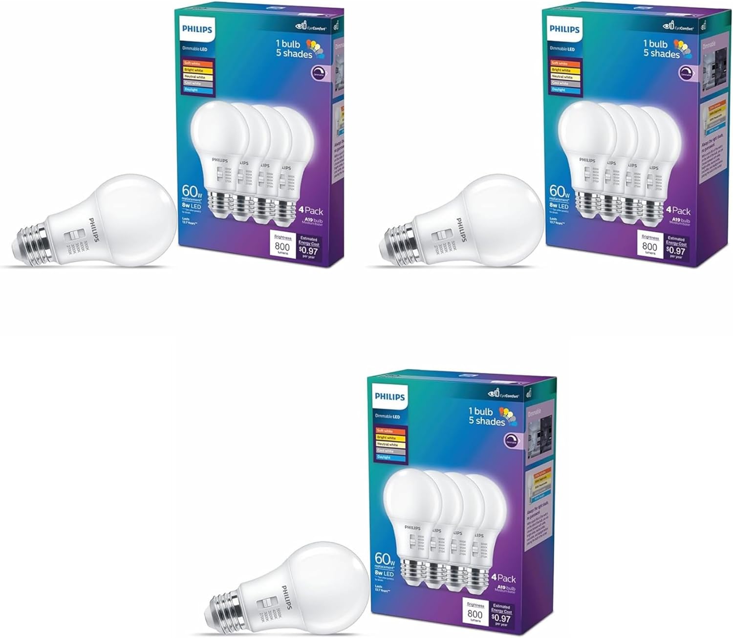 Philips LED 60W A19 12-Pack Dimmable Multi-CCT Light Bulbs