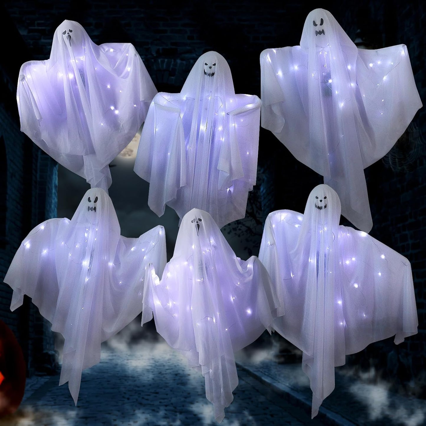 6 Pack Halloween Hanging Ghost Decorations with Lights for Spooky Fun