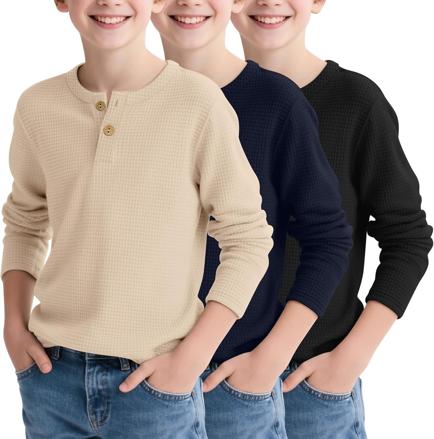 Boy's Henley Long Sleeve Shirts for School - 3 Pack Waffle Tops