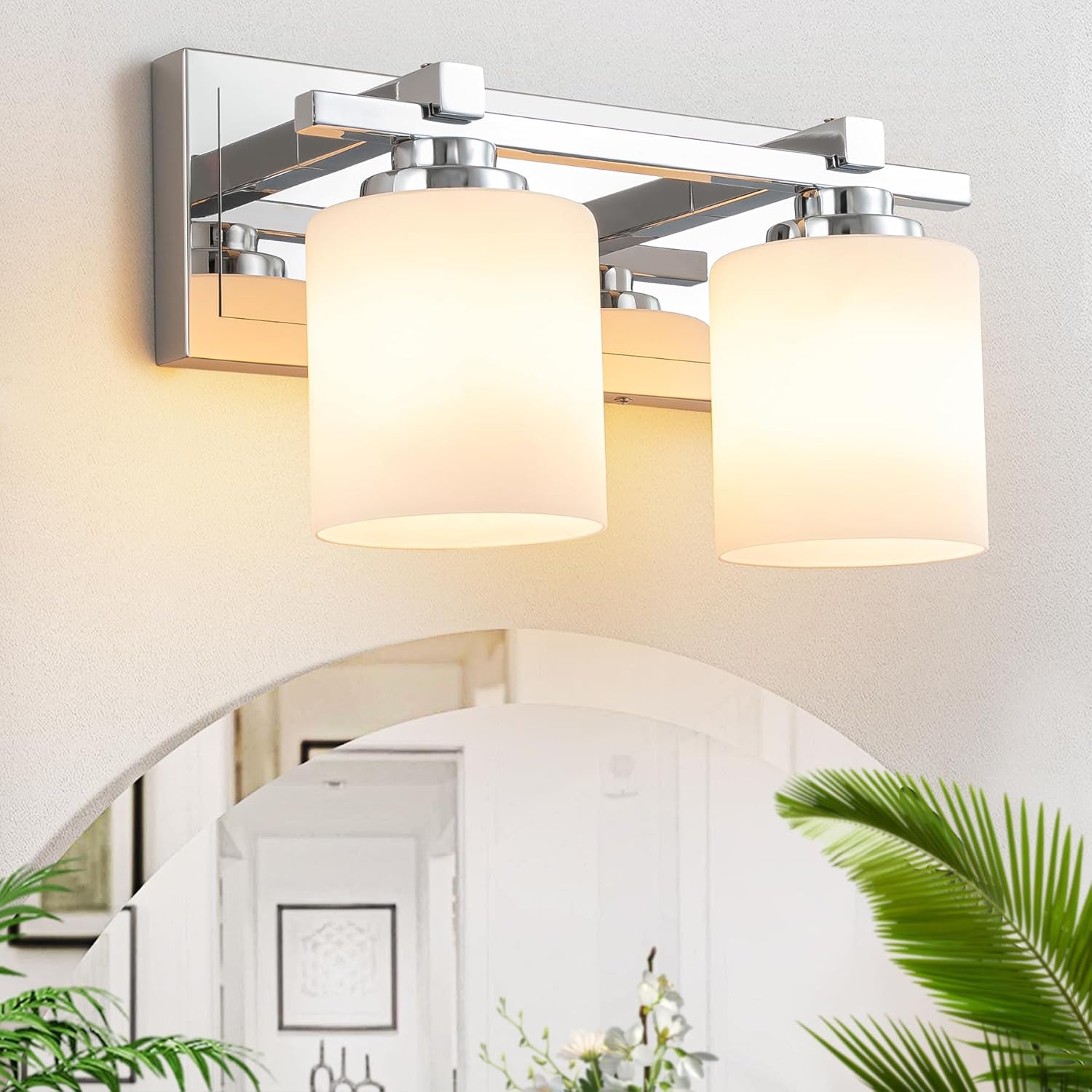 Modern Bathroom Light Fixtures Over Mirror with Milky Shades