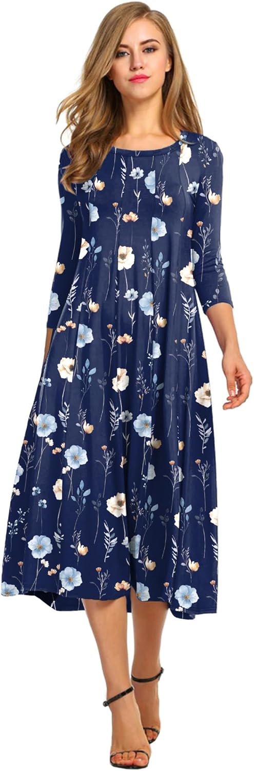 HOTOUCH Women's 3/4 Sleeve A-line Midi Long Dress for Elegance