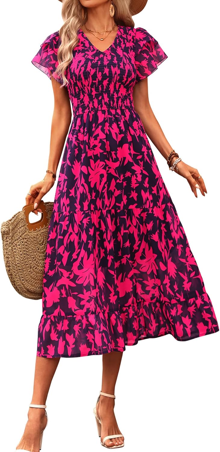 BTFBM Women Casual Summer Short Ruffles Tiered Sleeve Midi Dress