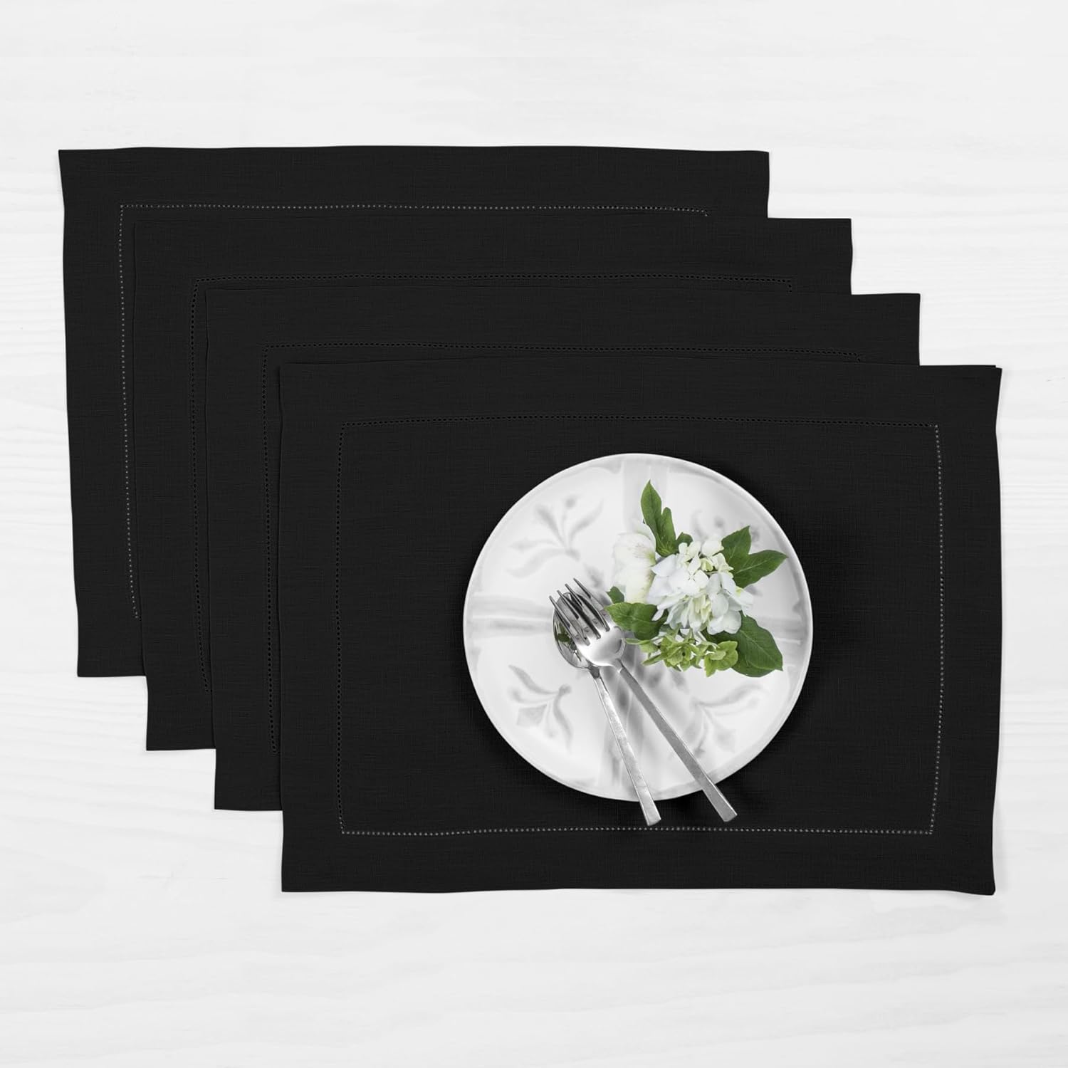 Classic Hemstitch Black Linen Placemats Set of 4 for Holidays