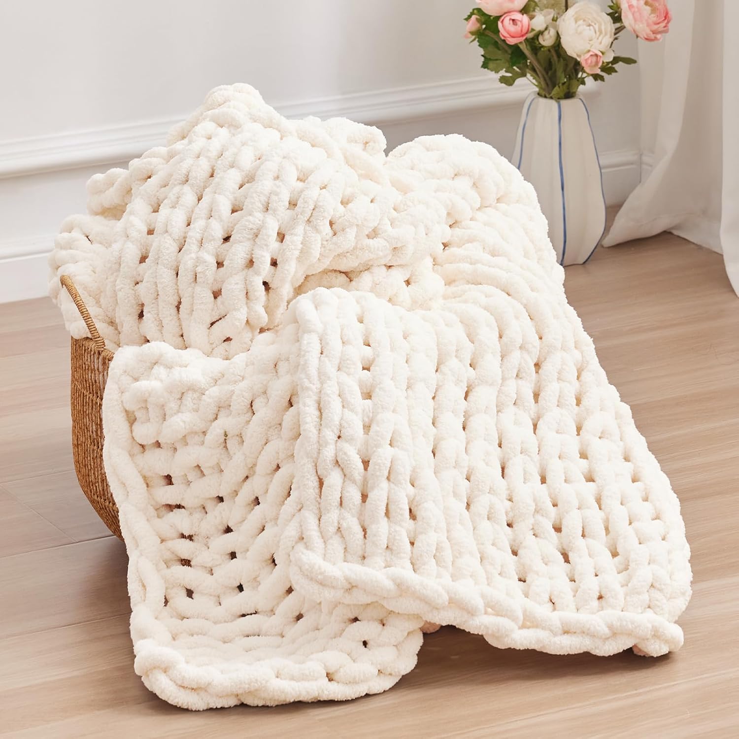 Chunky Knit Throw Blanket for Bed Couch - Handmade Cream Cozy