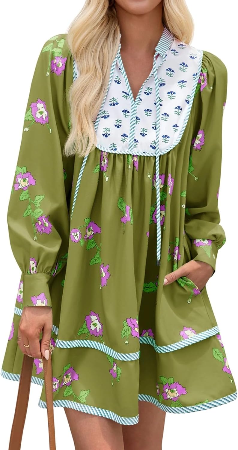 Womens Casual Floral Mini Dress for Fall with Long Sleeves