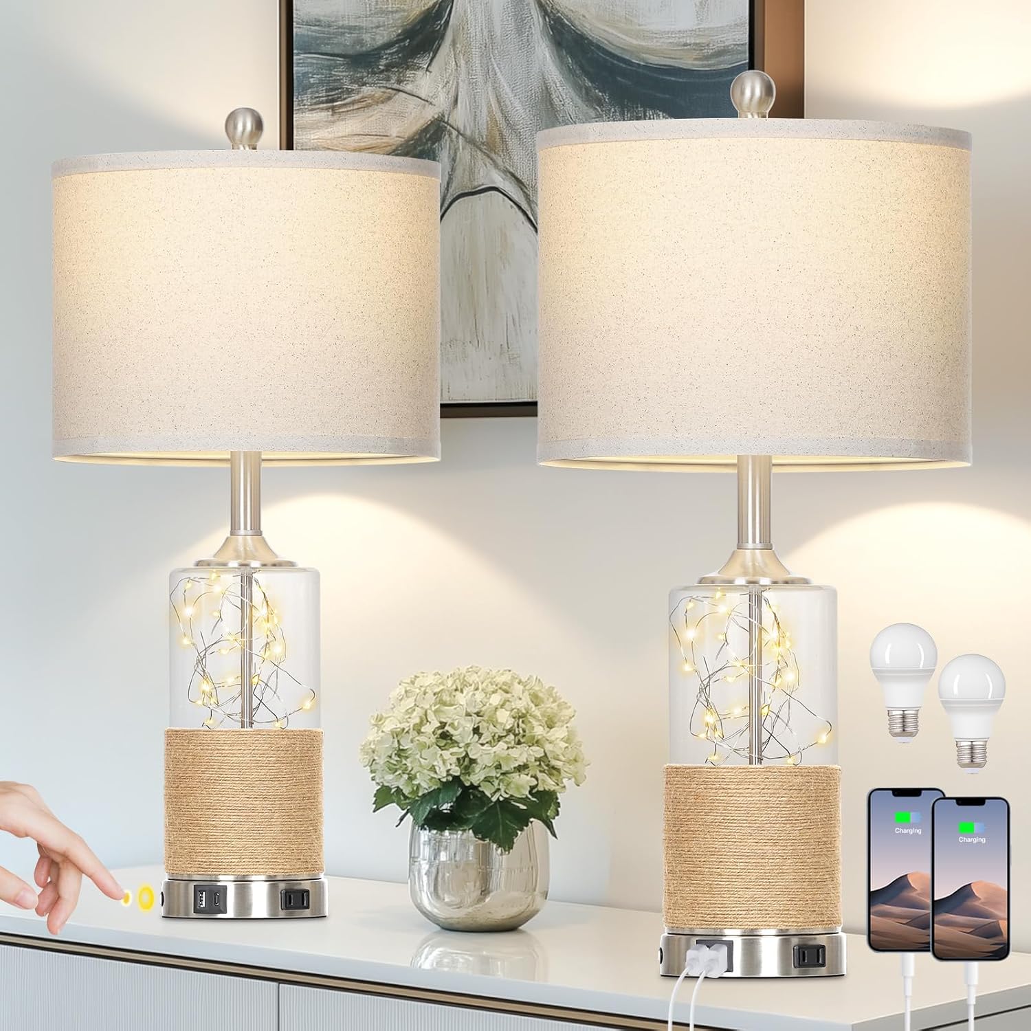 25 Inch Boho Table Lamps Set of 2 with USB Ports and AC Outlet