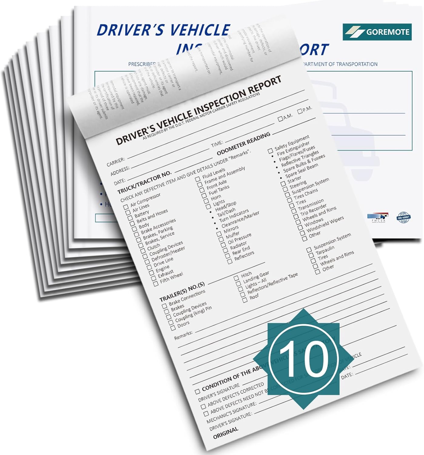 Detailed Driver's Vehicle Inspection Report for Truckers, 10 Pack