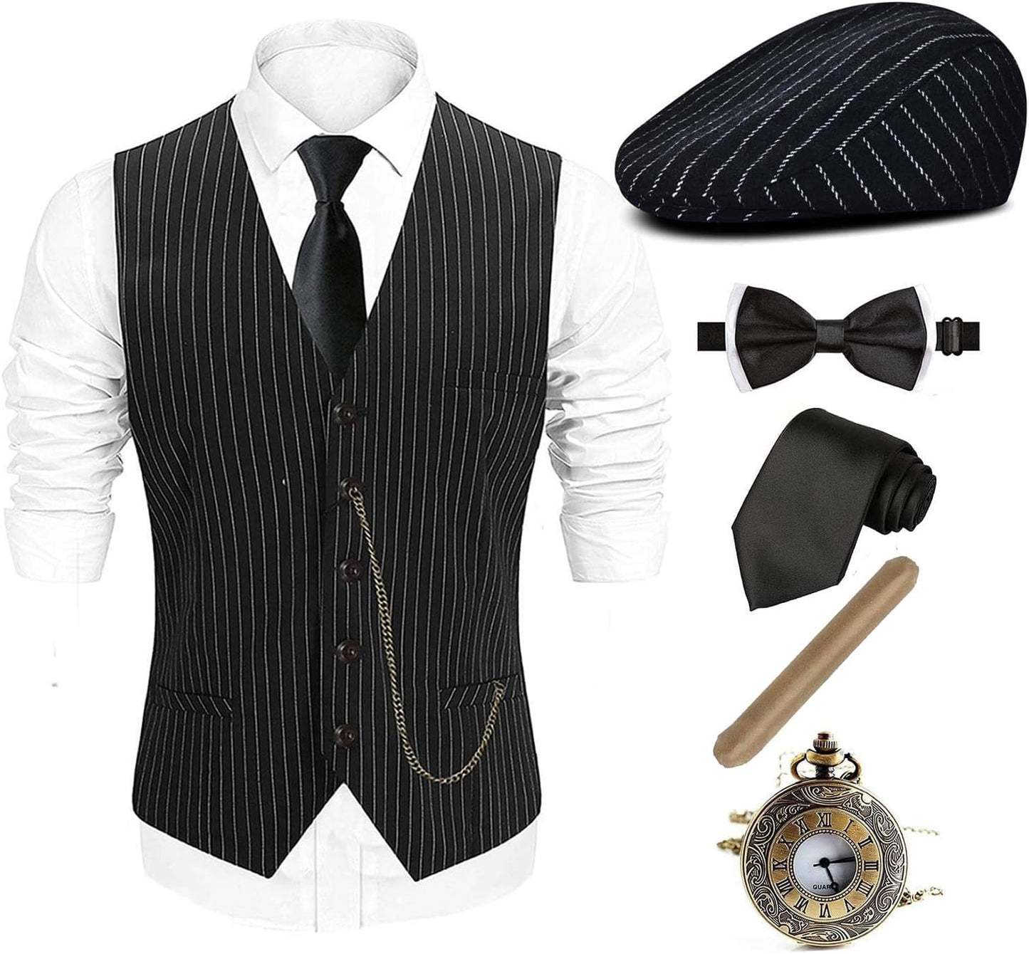 1920s Mens Costume Fedora Hat and Vintage Accessories Set