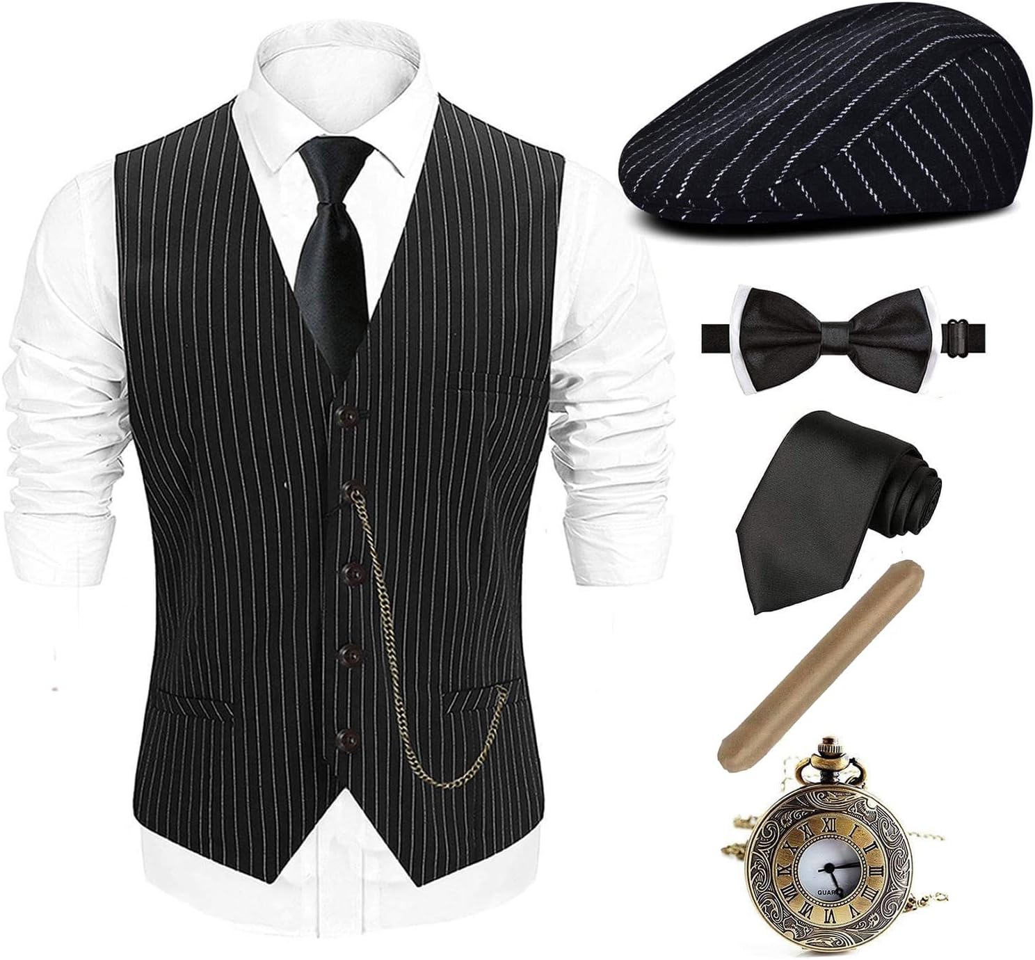 1920s Mens Costume Fedora Hat and Vintage Accessories Set