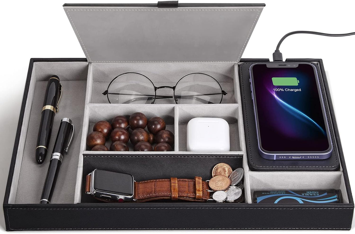 7-compartment Wireless Valet Tray - Black