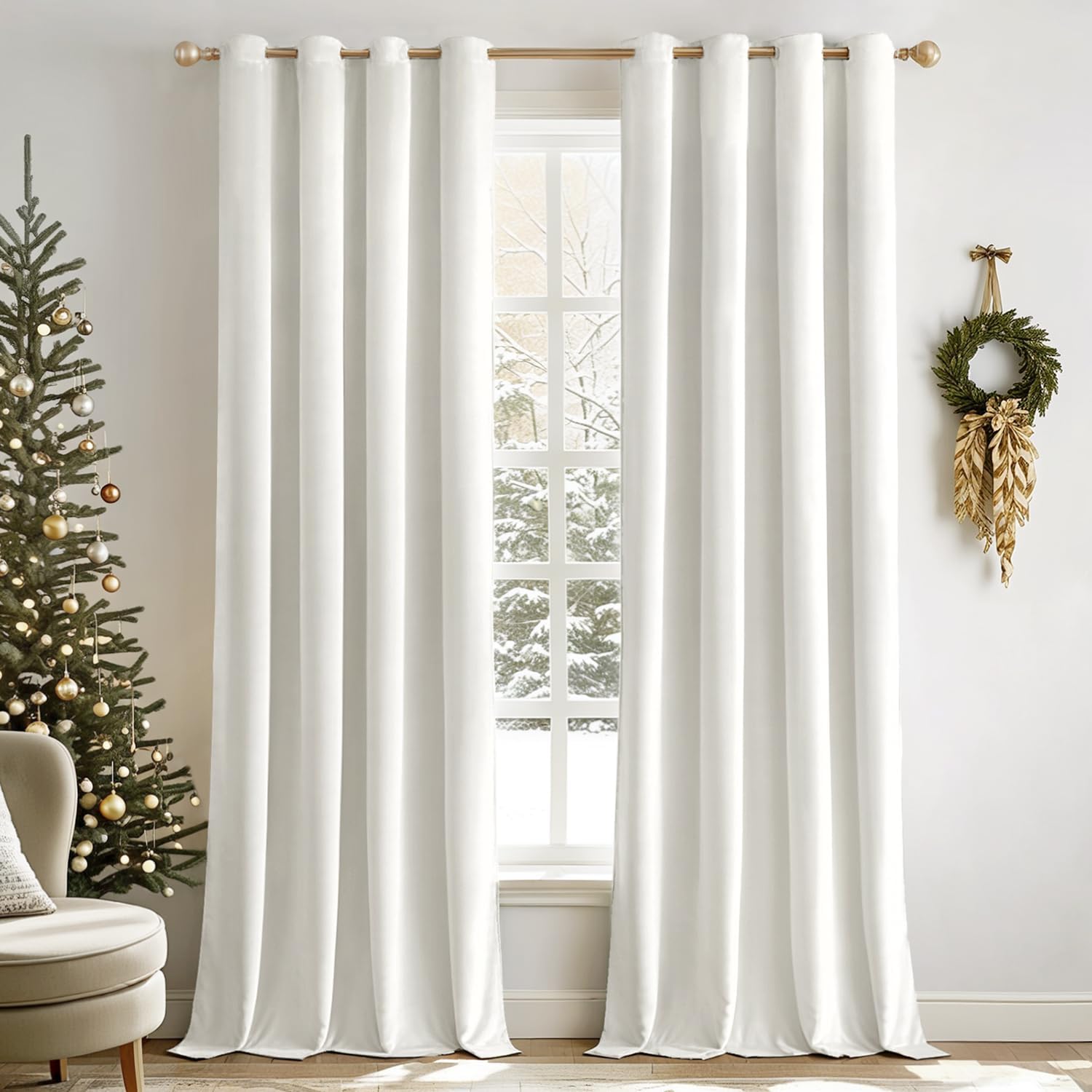 MIULEE 90 Inches Velvet Pure White Grommet Curtains Set of 2