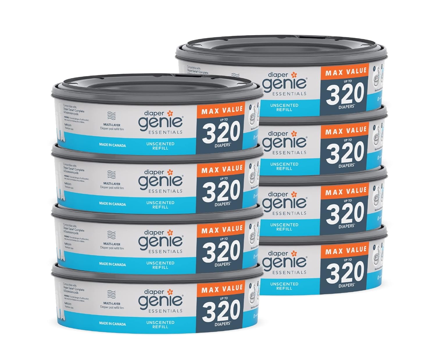 Diaper Genie 8-Pack Refills | Odor-Free Film | Fits All Pails