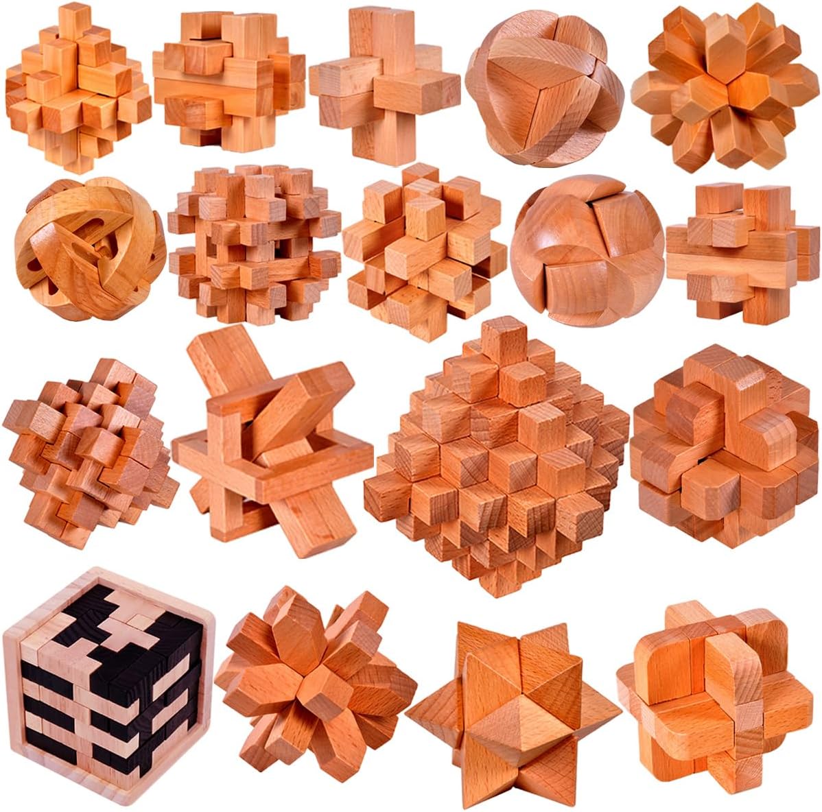 18 Pack Wooden Brain Teaser Puzzles for All Ages and Skills
