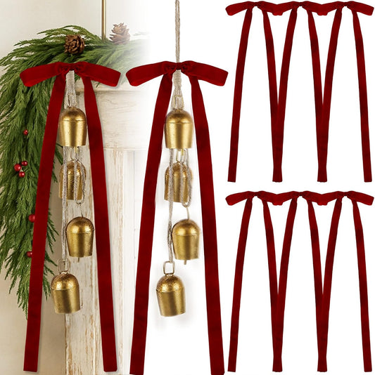 2 Pcs Vintage Gold Christmas Cow Bells with Velvet Bows