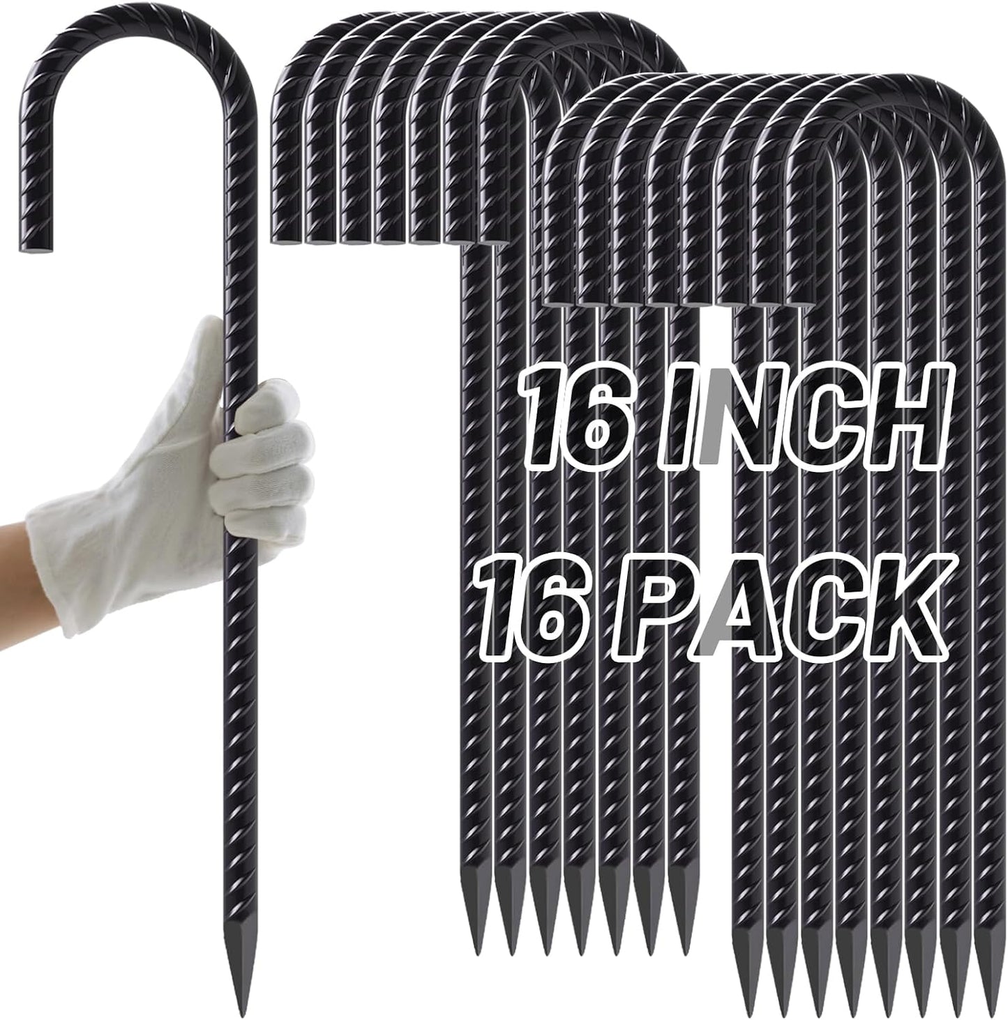 Heavy Duty 16 Inch J Hook Rebar Stakes for Camping & More