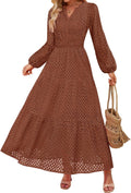 Women's Long Sleeve V Neck Maxi Dress - Eyelet A Line Fall Style