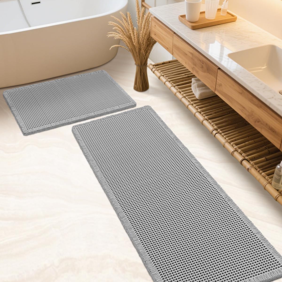 Waffle Bath Mat Set 2 Piece Light Grey for Modern Bathrooms