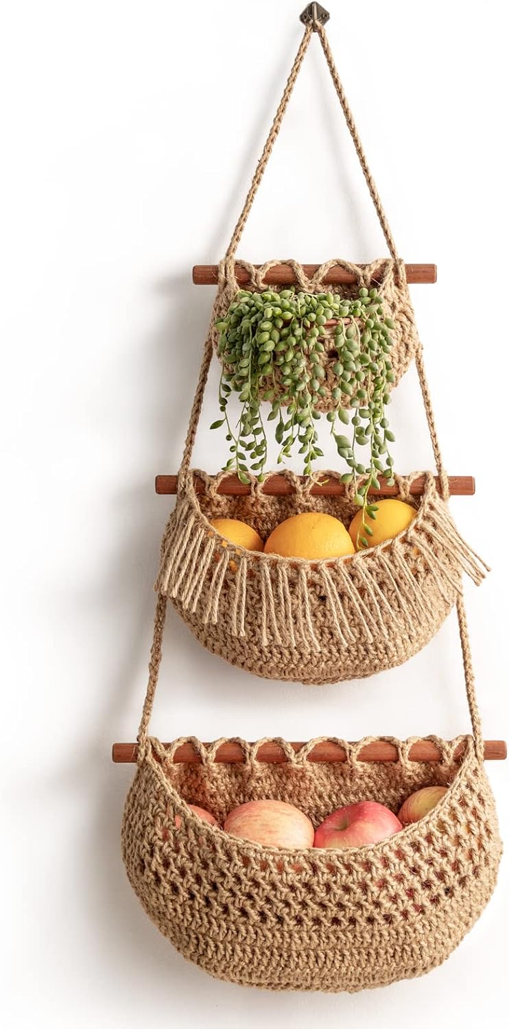 Hanging Fruit Basket - 3 Tier Jute Organizer for Home Decor