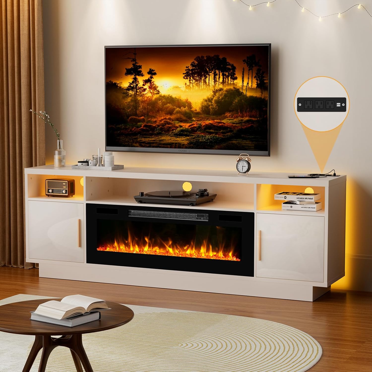 Modern White TV Stand with Fireplace for 75+ inch TV