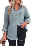 Women Denim Shirt Chambray Collared Long Sleeve Button Down