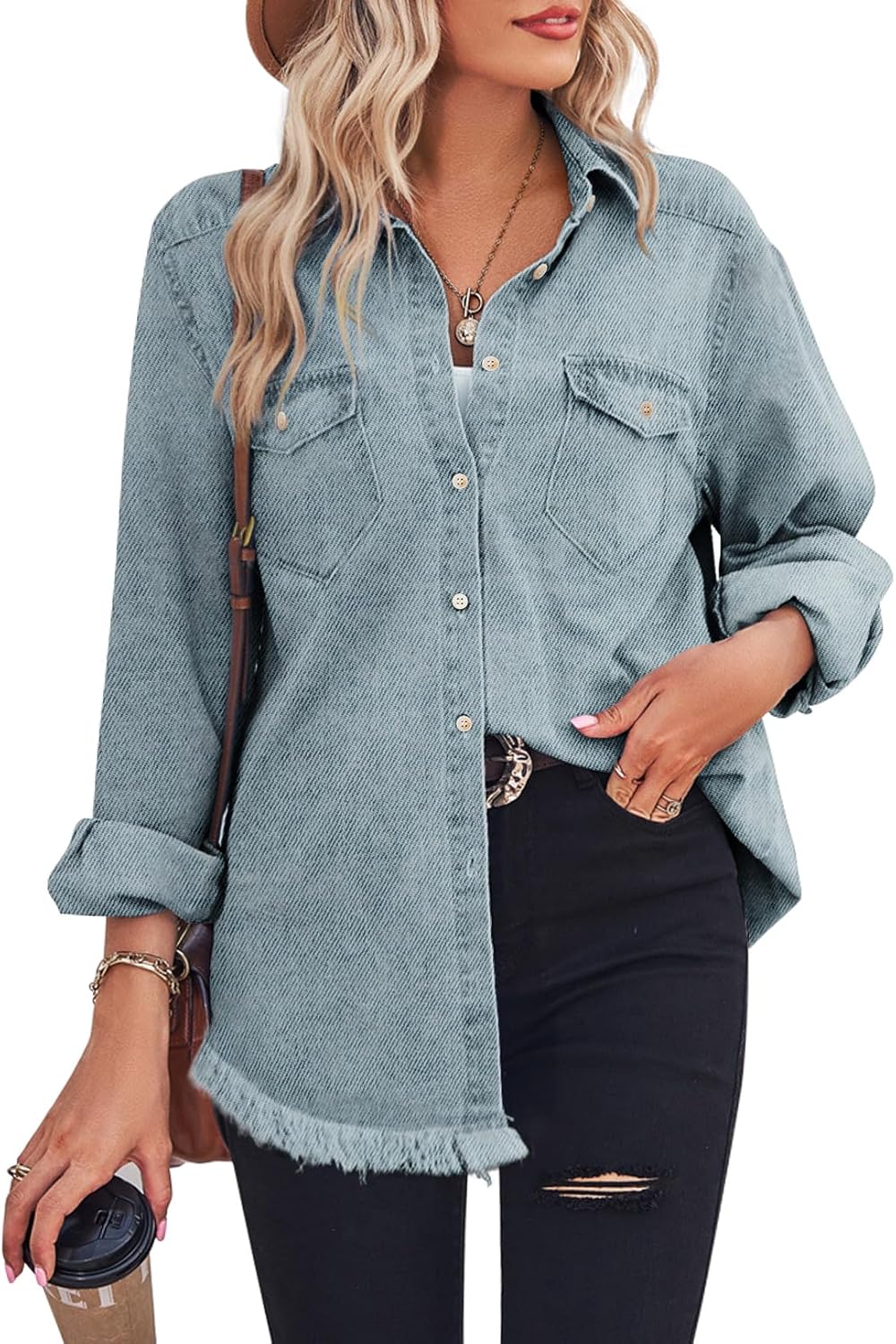 Zilcremo Women Denim Shirt Long Sleeve Button Down Blouse