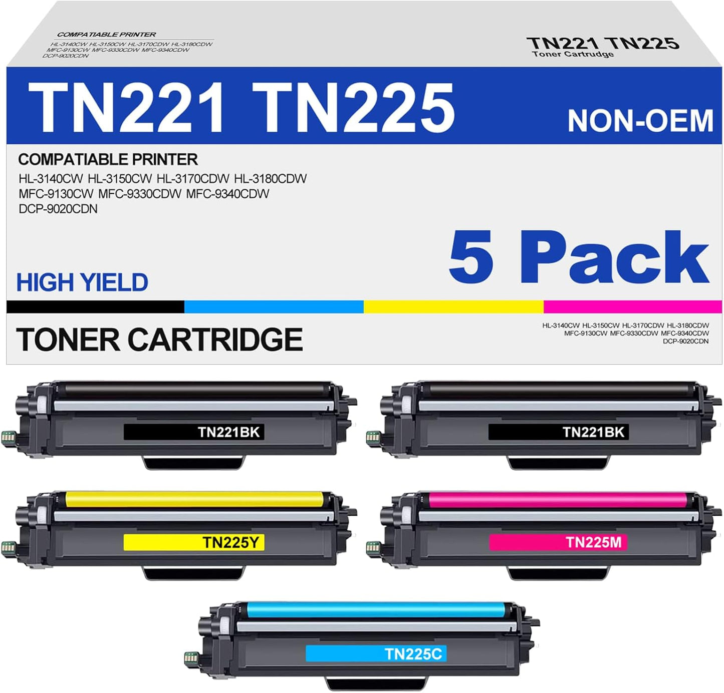High Yield TN221 TN225 Toner Cartridge 5 Pack for Brother Printers