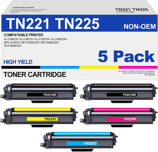 High Yield TN221 TN225 Toner Cartridge 5 Pack for Brother Printers