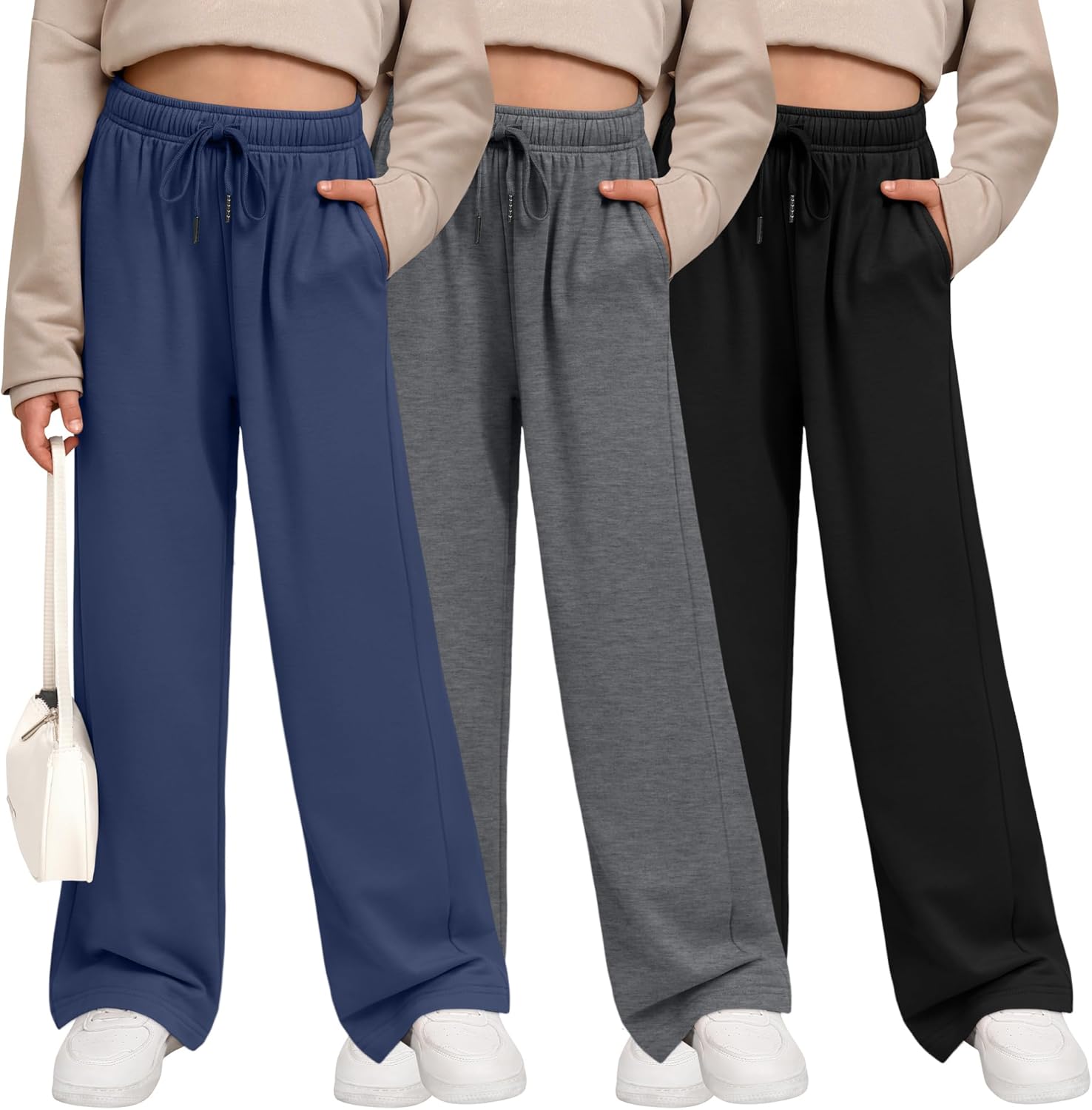 3 Pack Girls' Sweatpants Wide Leg Casual Joggers with Pockets