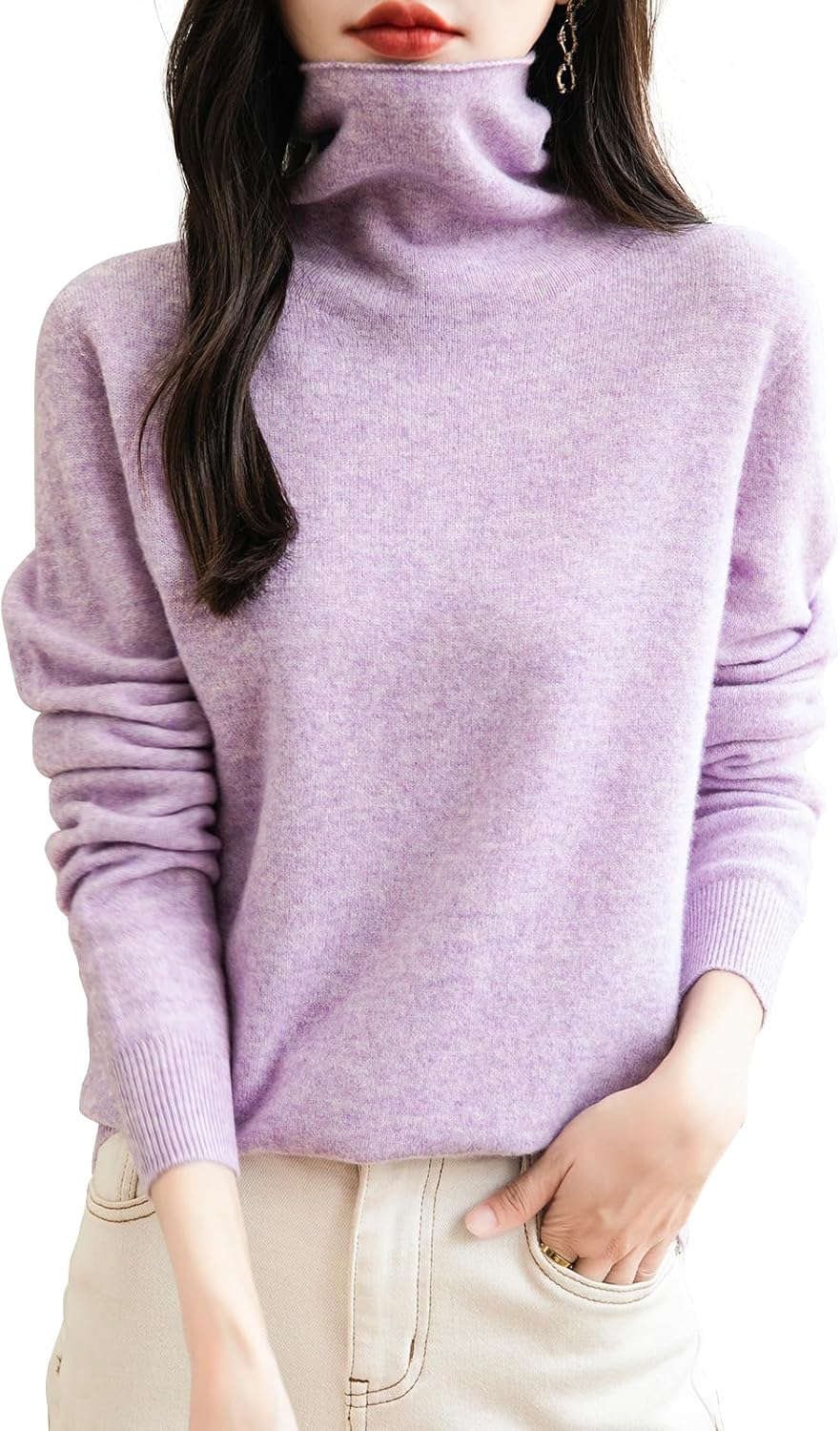 100% Merino Wool Seamless Turtleneck Sweater for Women