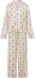 Women Christmas Pajama Set Satin Silk Bow Santa Print - Soft Holiday