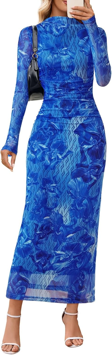 Stylish Bodycon Floral Mesh Maxi Dress for Fall Weddings