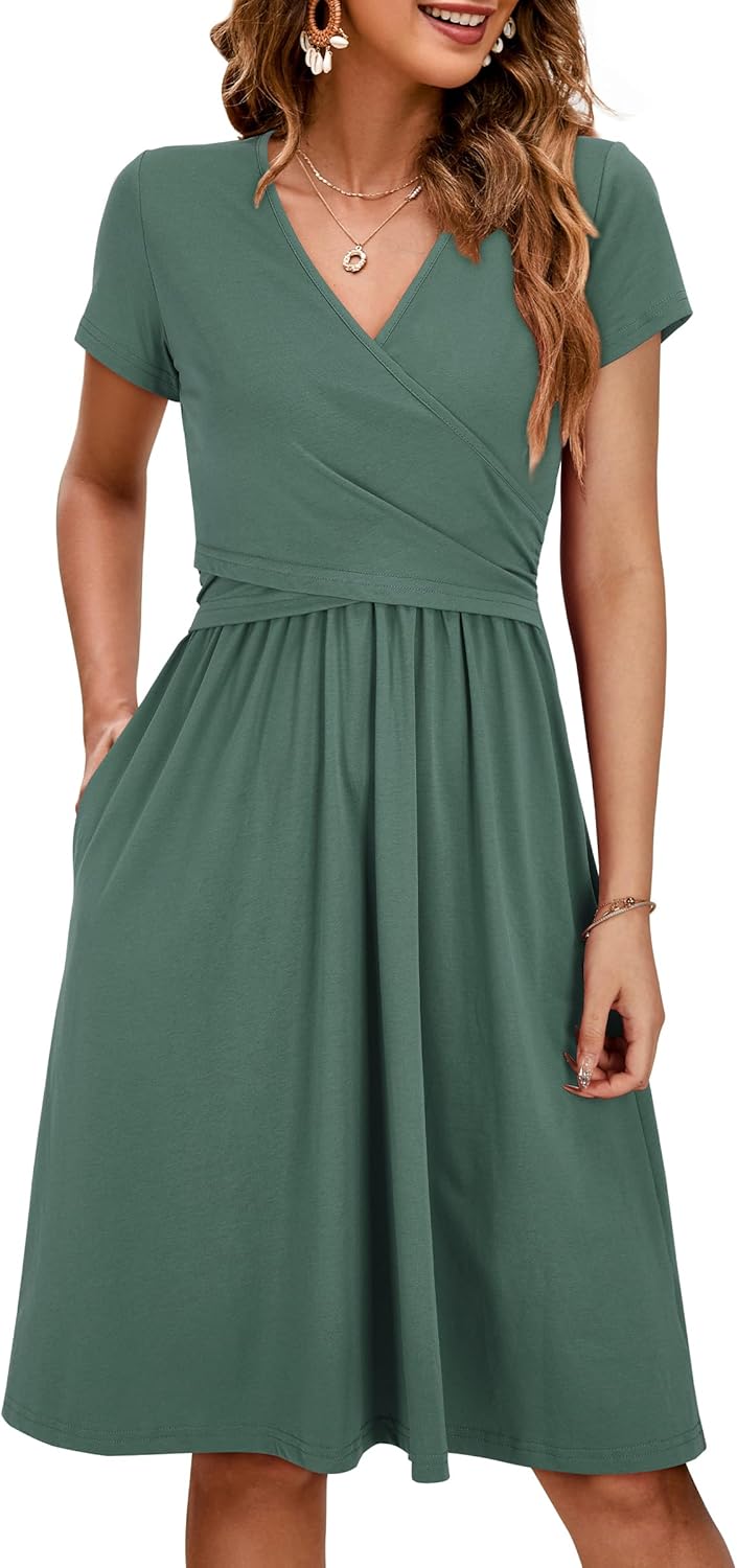 OUGES Women's V Neck Midi Dress with Pockets for Maternity