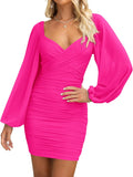 Women's Cross V Neck Mesh Long Sleeve Ruched Bodycon Dress