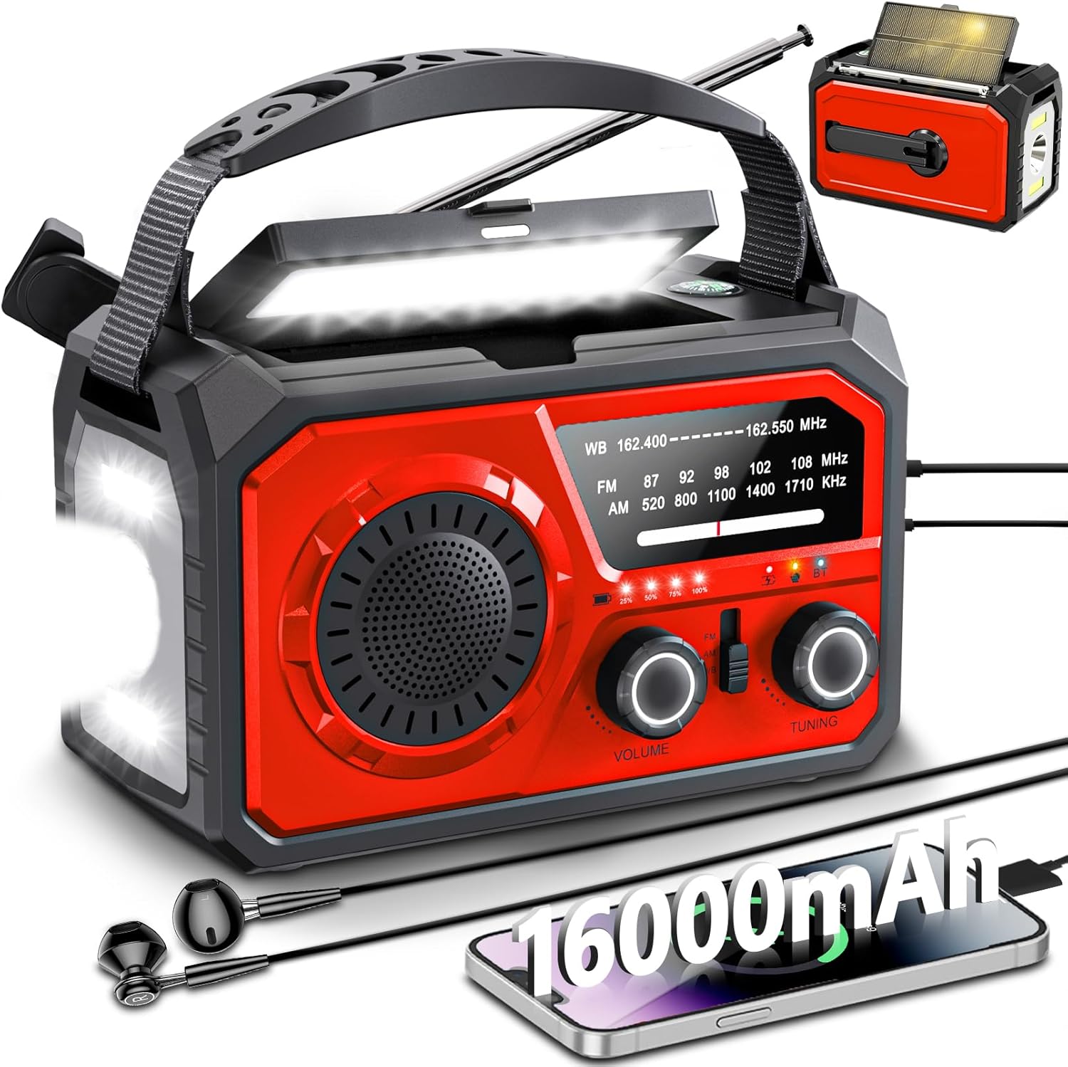 Solar Emergency Crank Radio with 16000mAh Power Bank for Safety