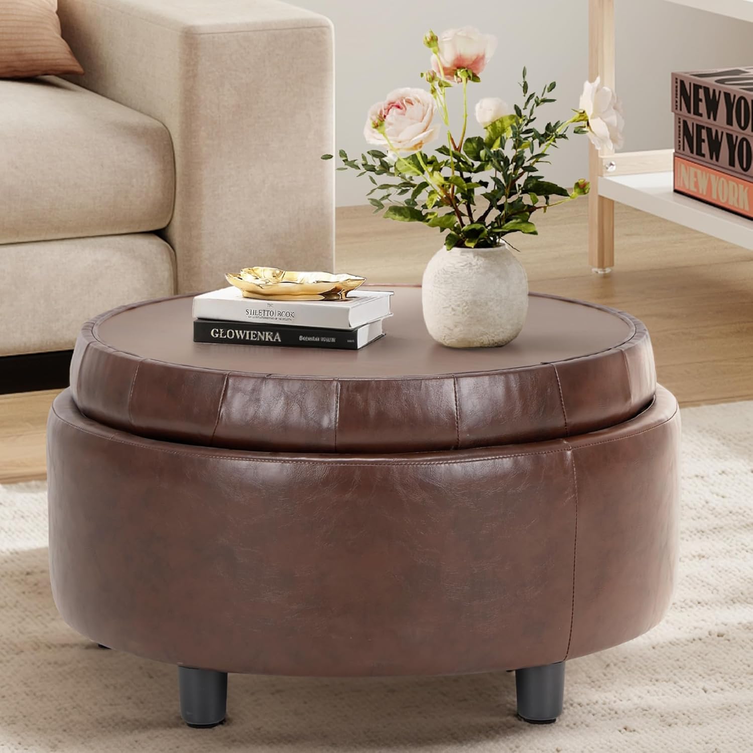 COLAMY Round Leather Storage Ottoman with Reversible Tray Lid