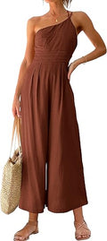 Wide Leg One Shoulder Jumpsuit Romper - Dressy Pleated High Waist