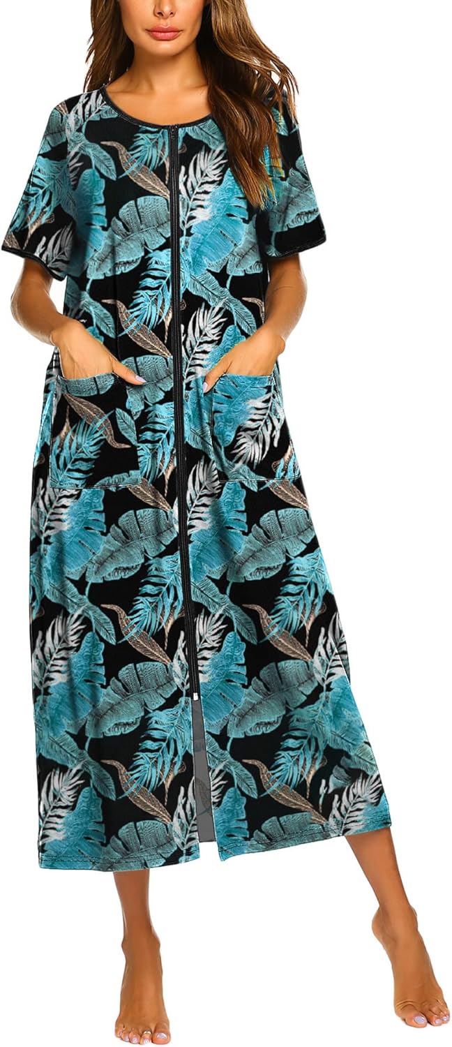 Ekouaer Women Robes Zipper Front Short Sleeve Full Length Housecoat