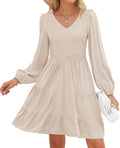 Women's V Neck Long Sleeve Smocked Ruffle Tiered Mini Dress - Casual